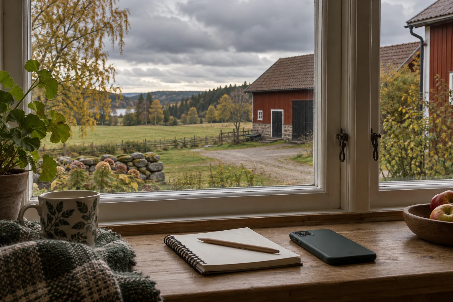Illustration av moln över en gård, sedd från ett fönster med anteckningsbok och mobil.